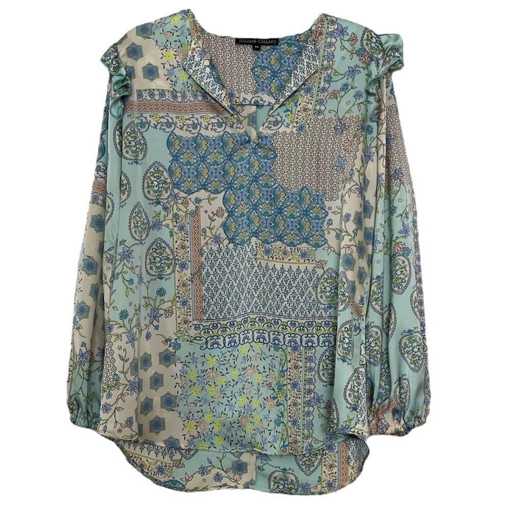 Julian Chang Floral Blouse Ruffle Shoulder Long Sleeve Top Made in USA Medium
